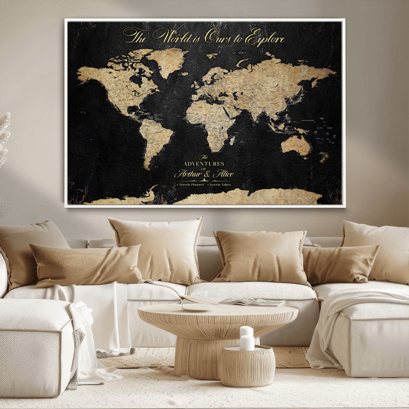 MGV-FC-36X24 - Personalized World Map Wall Art Canvas Print – Custom Push Pin Travel Map for Couples, Families, or Office Décor