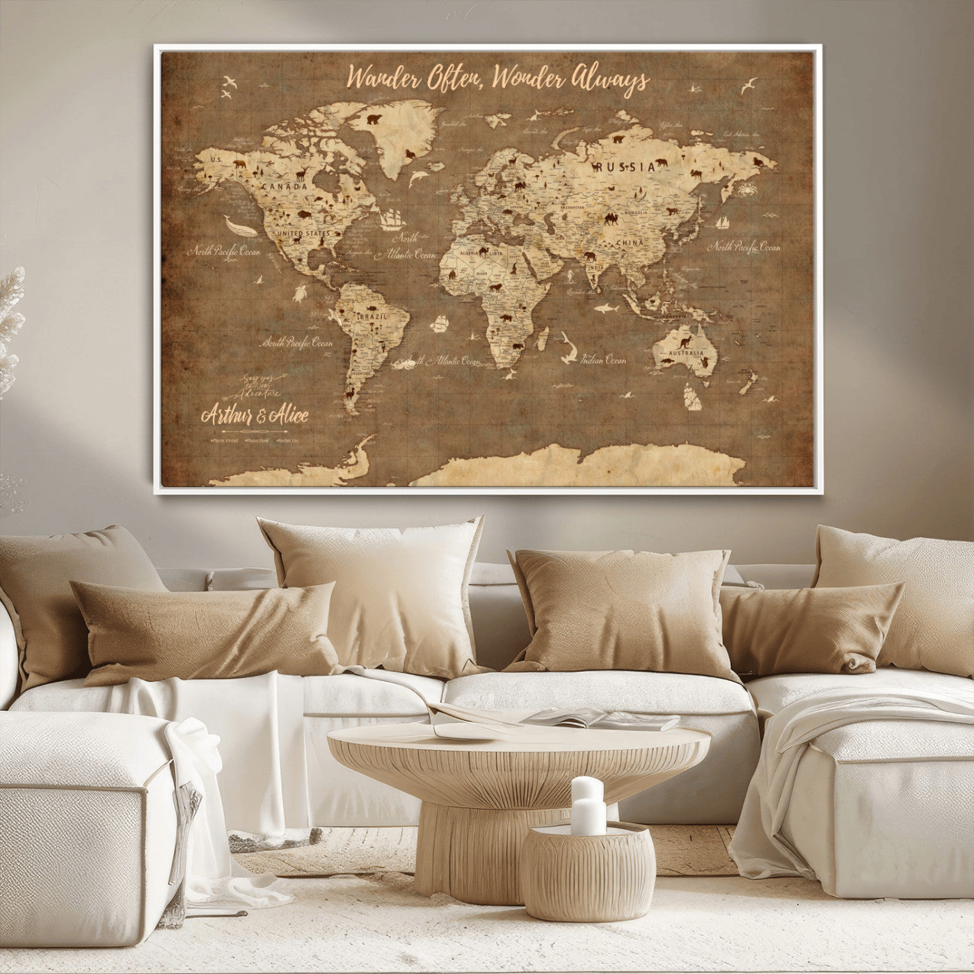 MGV-FC-36X24 - Personalized World Map Wall Art Canvas Print – Custom Push Pin Travel Map for Couples, Families, or Office Décor