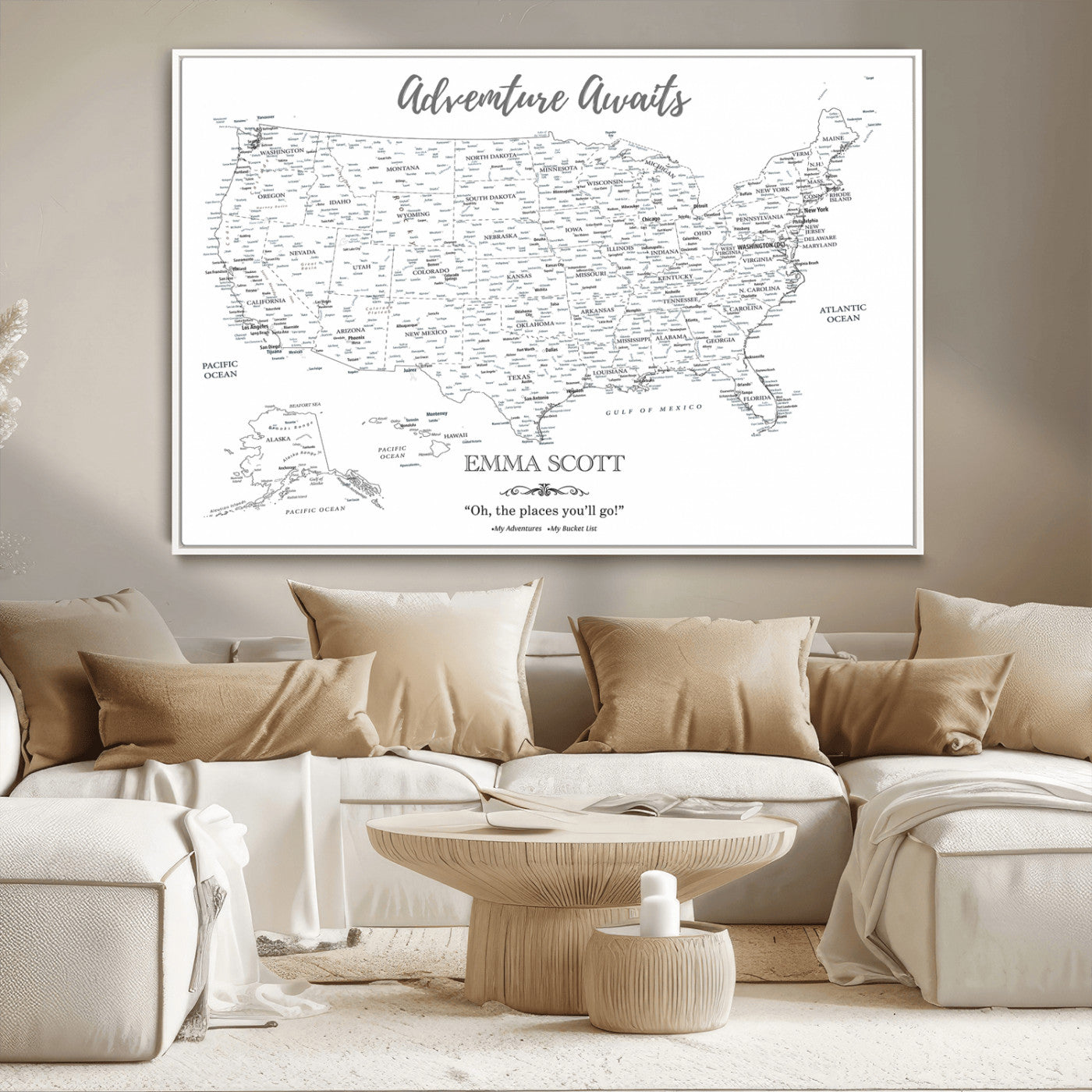 MGV-FC-36X24 - Personalized US Map Wall Art Canvas Print – Custom Push Pin Travel United States US Map for Couples, Families, or Office Décor
