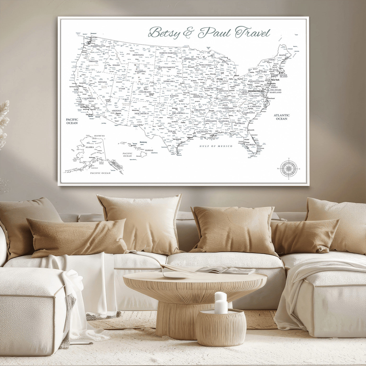 MGV-FC-36X24 - Personalized USA Map Wall Art Canvas Print – Custom Push Pin Travel American Map for Couples, Families, or Office Décor