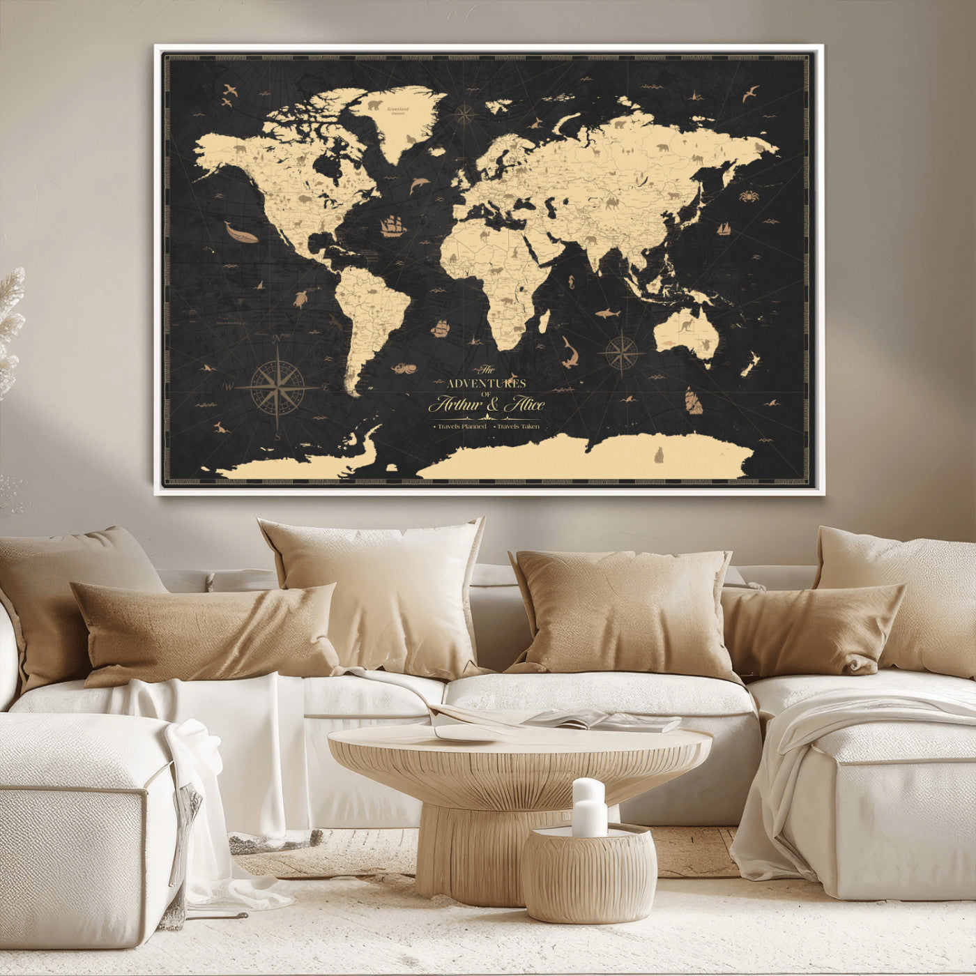 MGV-FC-36X24 - Personalized World Map Wall Art Canvas Print – Custom Push Pin Travel Map for Couples, Families, or Office Décor
