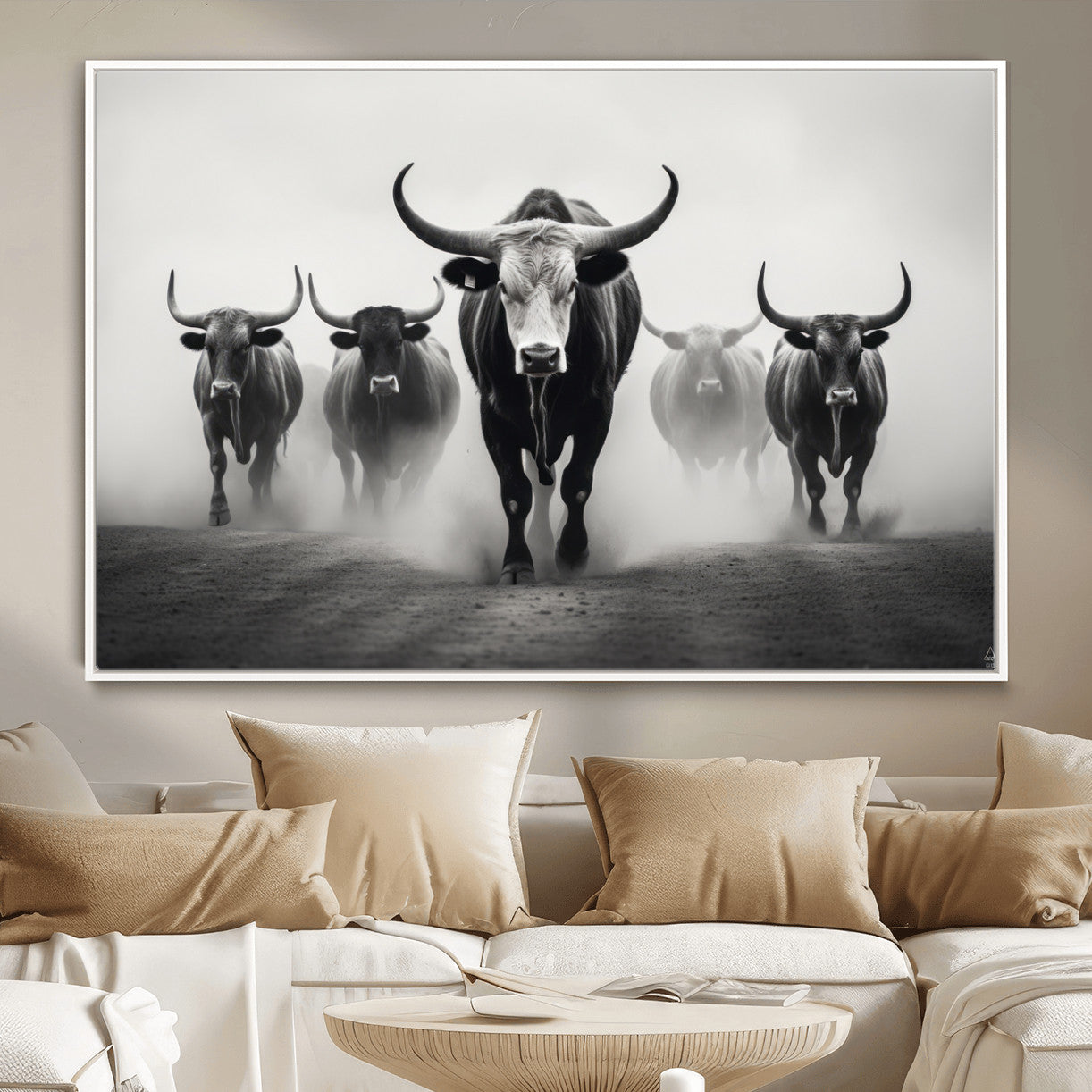 N34534C-MGV-FC-36X24 - Texas Bighorn Cow Hern Wall Art Canvas Print, Longhorn Cow Large Wall Art