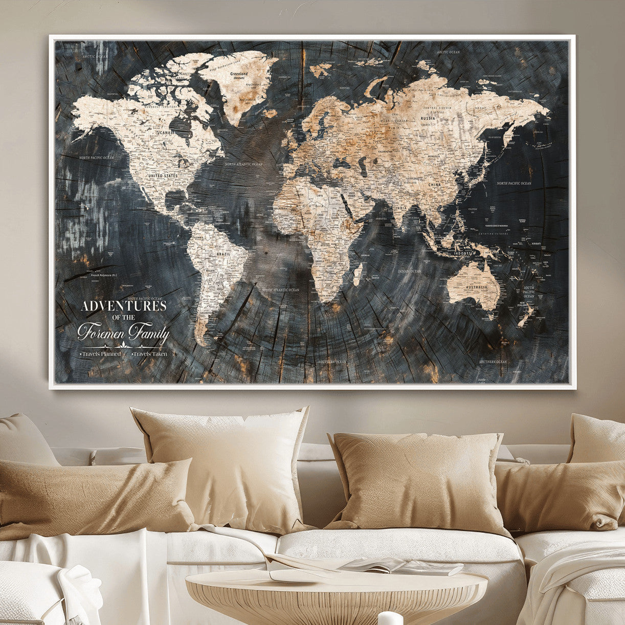 58265369-MGV-FC-36X24 - Customized Push Pin World Map Wall Art Canvas Print with Pins, Personalized Travel Tracker Map, Framed World Map for Living Room, Office and Home Decor