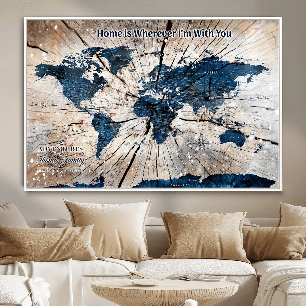 35694194-MGV-FC-36X24 - Personalized World Map Wall Art Canvas Print – Custom Push Pin Travel Map for Couples, Families, or Office Decor