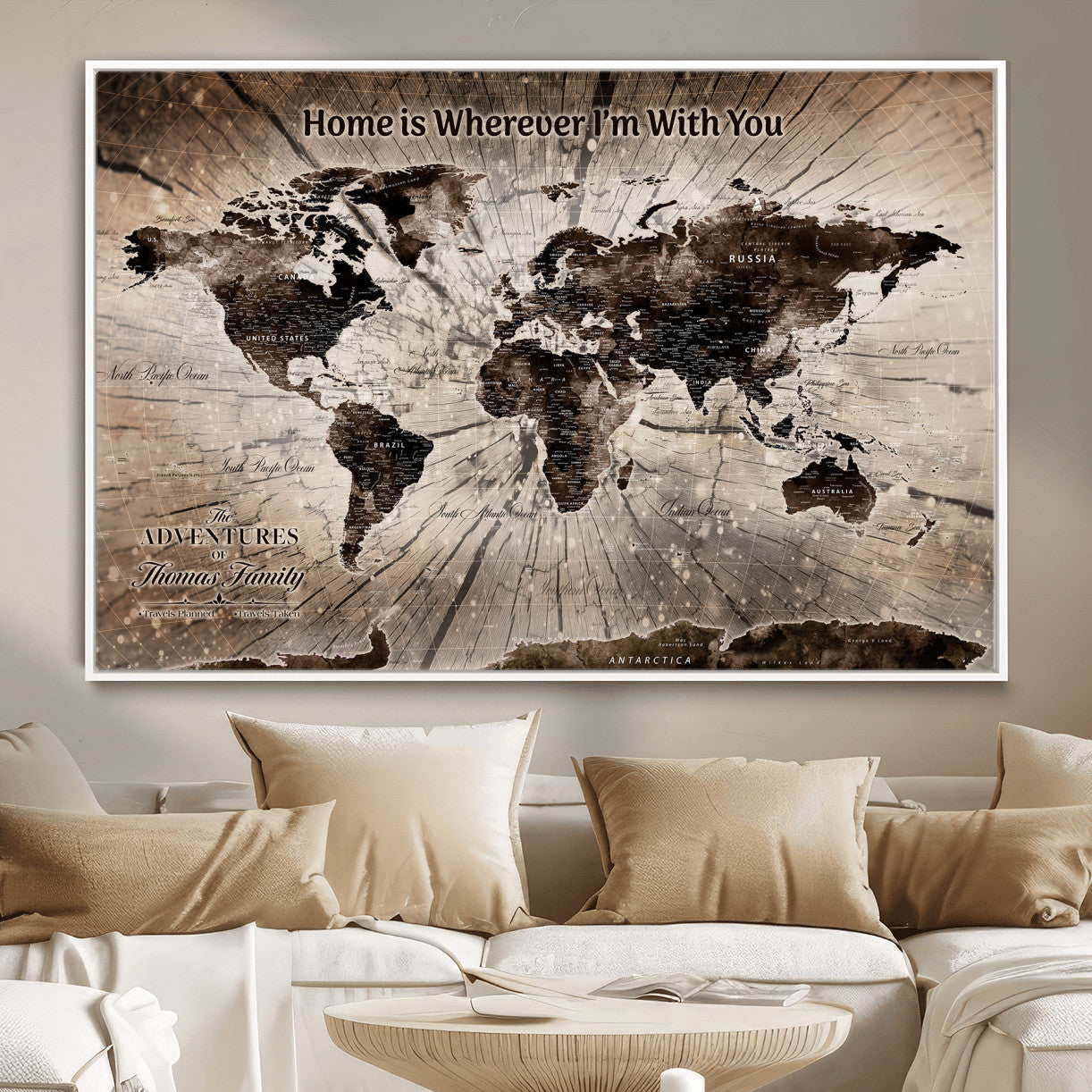 72371980-MGV-FC-36X24 - Personalized World Map Wall Art – Customizable Push Pin Framed Canvas Print Unique Travel Decor for Home, Office