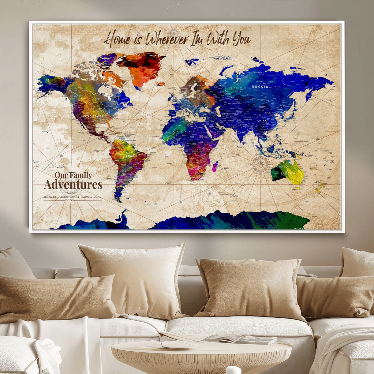 42795268-MGV-FC-36X24 - Personalized Push Pin World Map Canvas Print – Custom Adventure Travel Map, Framed Wall Art Gift for Couples or Family