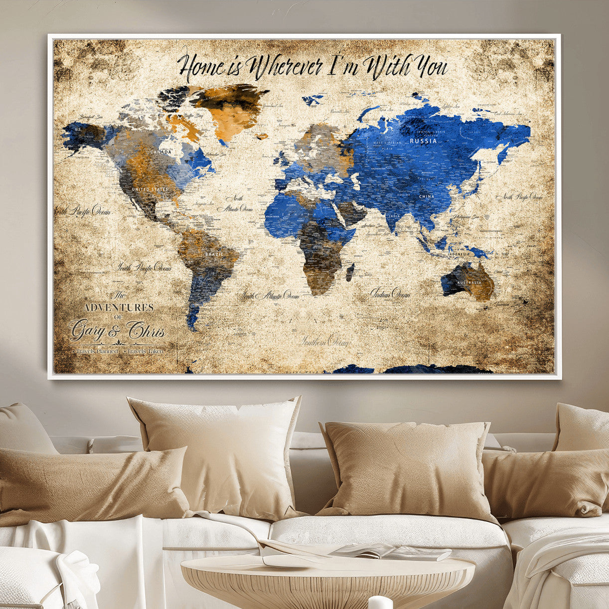 20854758-MGV-FC-36X24 - Personalized Push Pin World Map Canvas Print – Custom Framed Travel Tracker Artwork with Pins for Home and Office Decor
