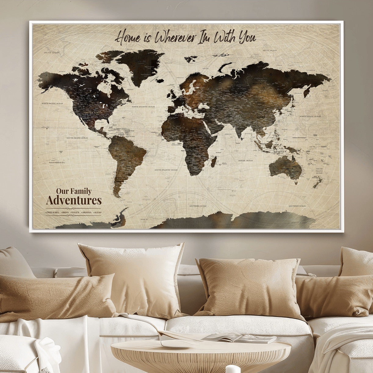 57979837-MGV-FC-36X24 - Personalized Push Pin World Map Canvas Print – Custom Framed Travel Tracker Wall Art Large Map Artwork for Home, Office