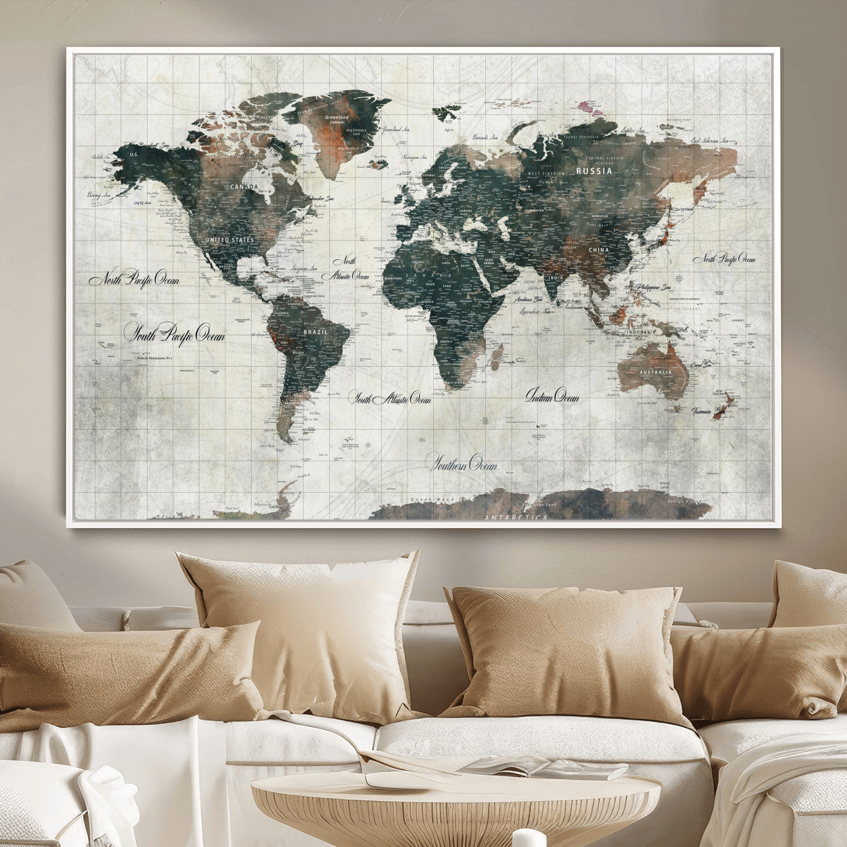 90149079-MGV-FC-36X24 - World Map Wall Art Canvas Print, Modern Decorative Framed Map Artwork Prints for Living Room, Office, Bedroom Wall Decor