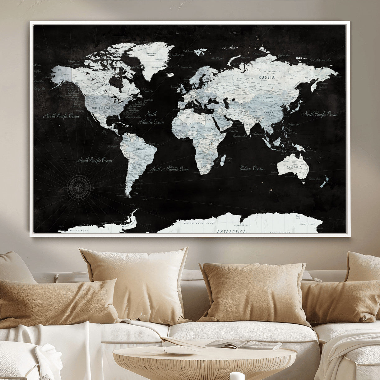 30759283-MGV-FC-36X24 - World Map Wall Art Canvas Print, Modern Decorative Framed Map Artwork Prints for Living Room, Office, Bedroom Wall Decor