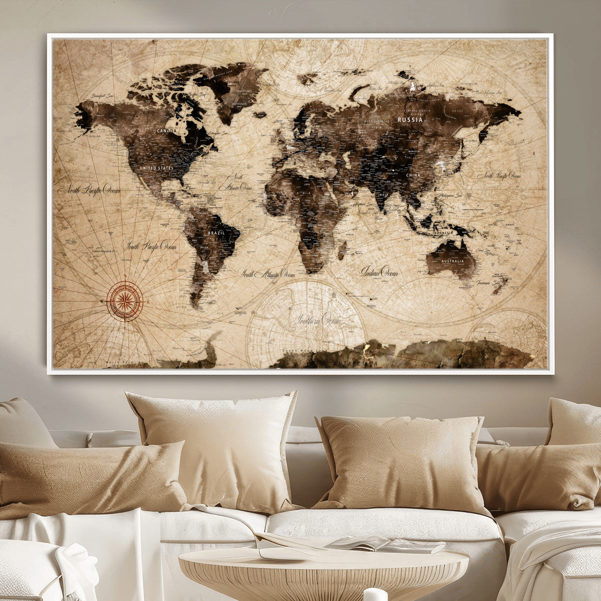 97114757-MGV-FC-36X24 - Vintage World Map Wall Art Canvas Print, Modern Decorative Framed Map Artwork Prints for Living Room, Office, Bedroom Wall Decor