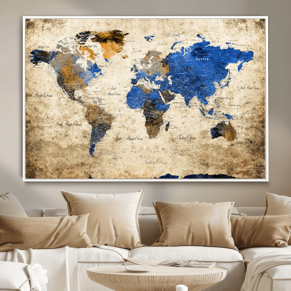13564339-MGV-FC-36X24 - World Map Wall Art Canvas Print, Modern Decorative Framed Map Artwork Prints for Living Room, Office, Bedroom Wall Decor