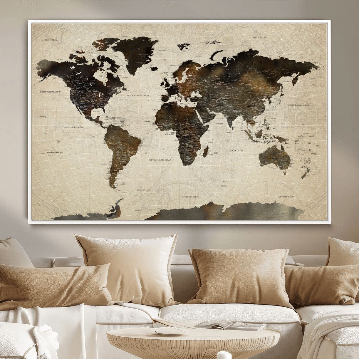 81771296-MGV-FC-36X24 - World Map Wall Art Canvas Print, Modern Decorative Framed Map Artwork Prints for Living Room, Office, Bedroom Wall Decor