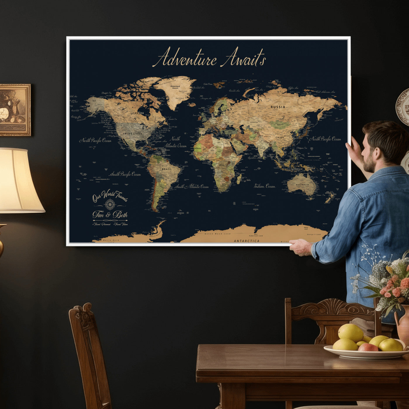 92618915-MGV-FC-36X24 - Customized Push Pin World Map Wall Art Canvas Print with Pins, Framed Personalize Travel Tracker Map, World Map for Living Room and Office Decor