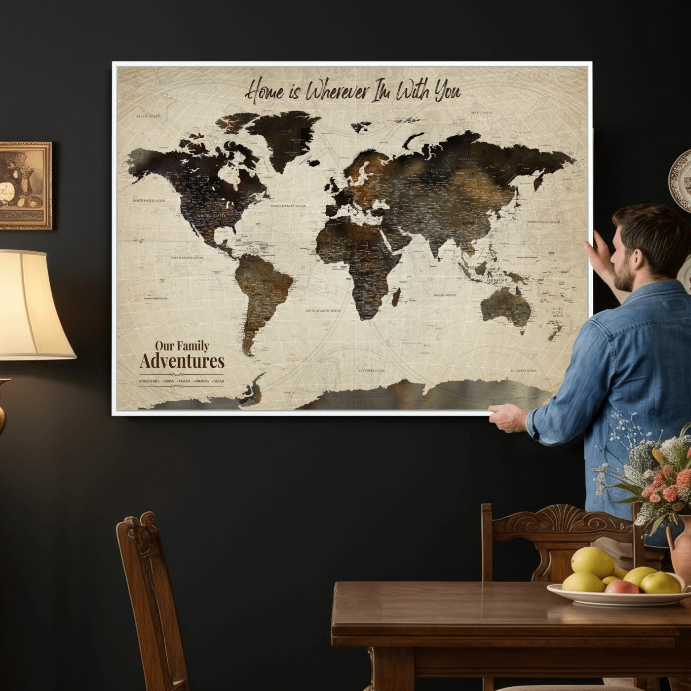44658041-MGV-FC-36X24 - Customized Push Pin World Map Wall Art Canvas Print with Pins, Framed Personalize Travel Tracker Map, World Map for Living Room and Office Decor