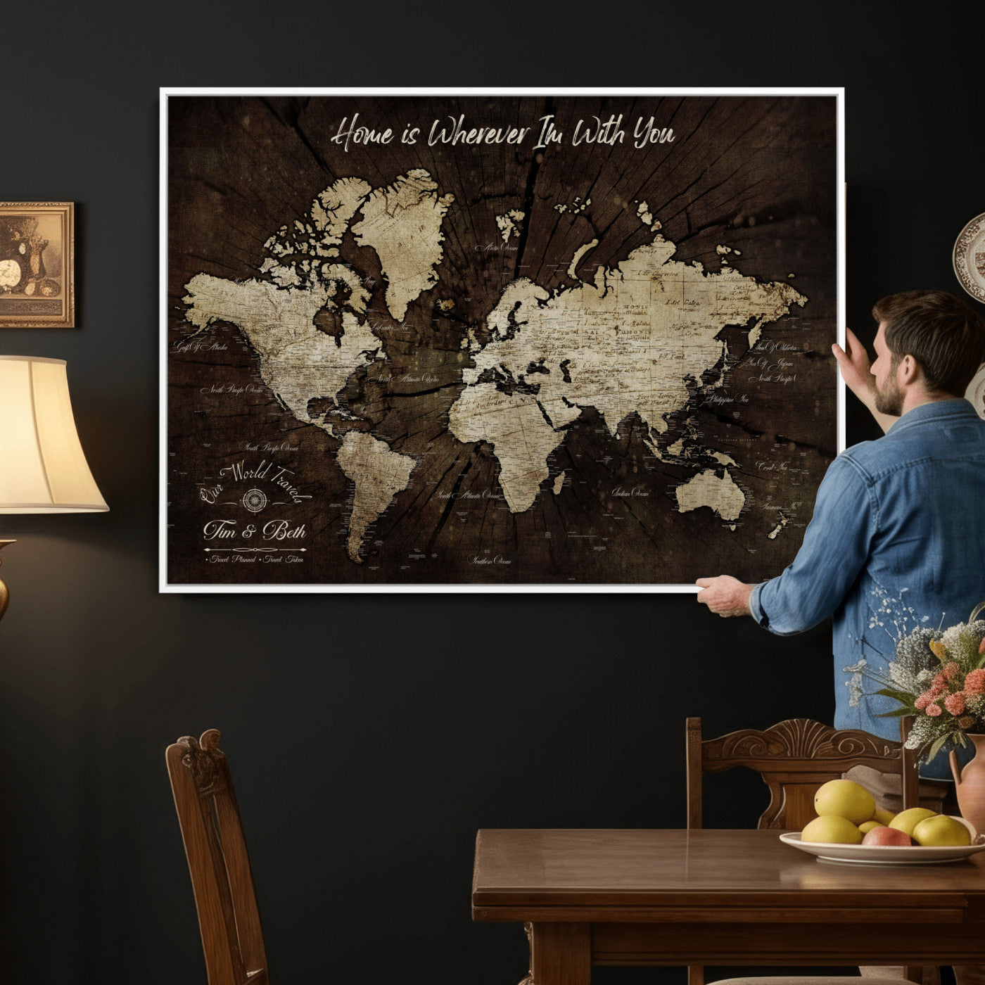 57852913-MGV-FC-36X24 - Customized Push Pin World Map Wall Art Canvas Print with Pins, Framed Personalize Travel Tracker Map, World Map for Living Room and Office Decor