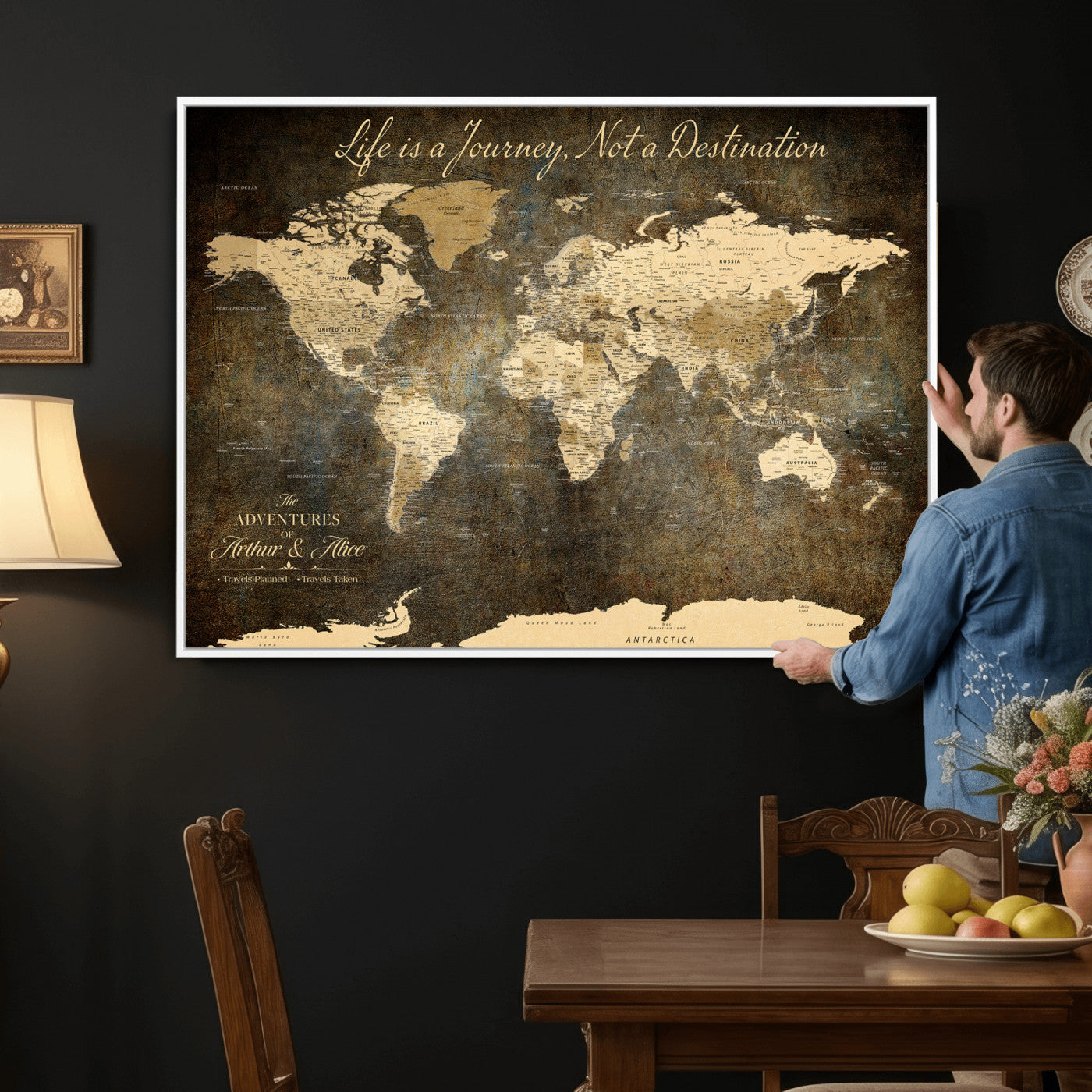 75877068-MGV-CV-36X24 - Custom Push Pin World Map Wall Art Canvas Print – Personalized Travel Tracker with Pins Framed Large for Home and Office Decor