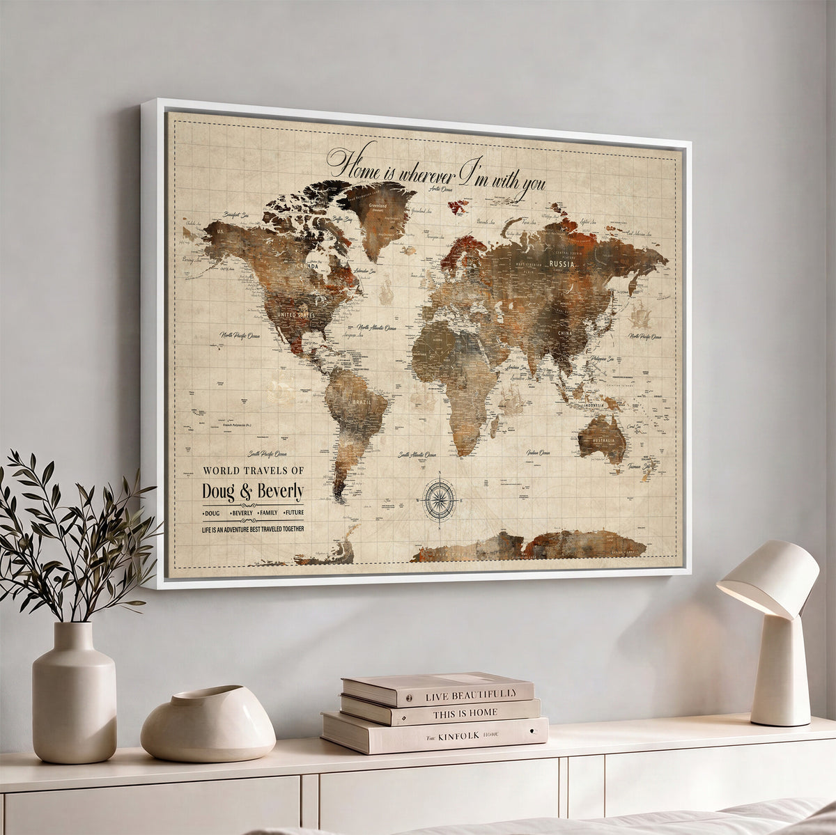 94399474-MGV-CV-36X24 - Large Custom Framed Beige Vintage World Travel Map Wall Art with Pins, Couples Countries Visited Map, Living Room and Hallway Decor