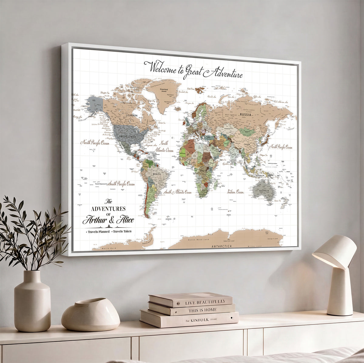85396539-MGV-CV-36X24 - Custom Beige Push Pin World Map Wall Art, Bucket List Map, Study and Hallway Decor