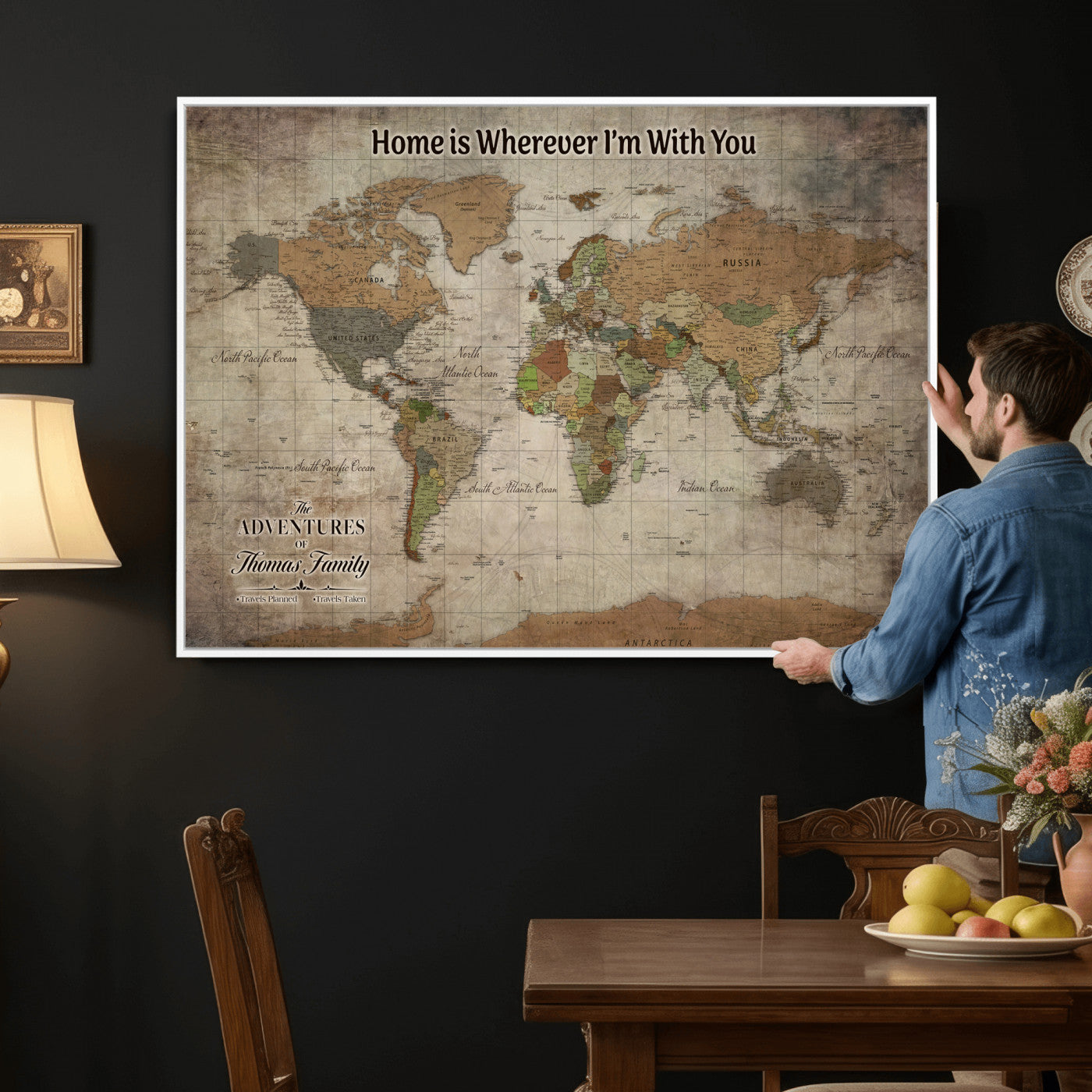22593671-MGV-CV-36X24 - Custom Push Pin World Map Wall Art Canvas Print – Personalized Travel Tracker with Pins Framed Large for Home and Office Decor