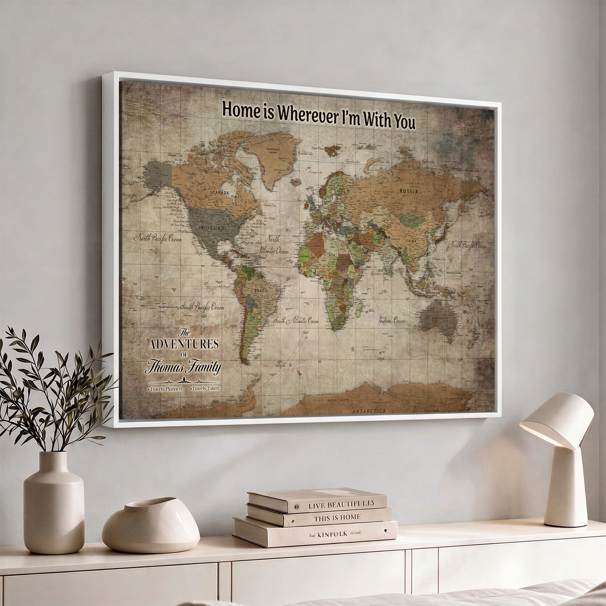 22593671-MGV-CV-36X24 - Personalized Beige Geometric World Map Canvas with Push Pins, Next Trip Planner Map, Study and Entryway Decor