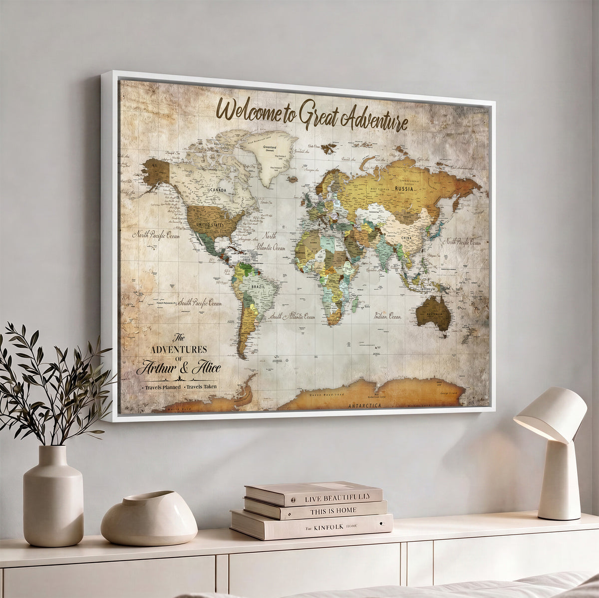 33043195-MGV-CV-36X24 - Personalized Beige World Travel Map Wall Art with Pins, Family Travel Tracker, Family Room and Study Decor
