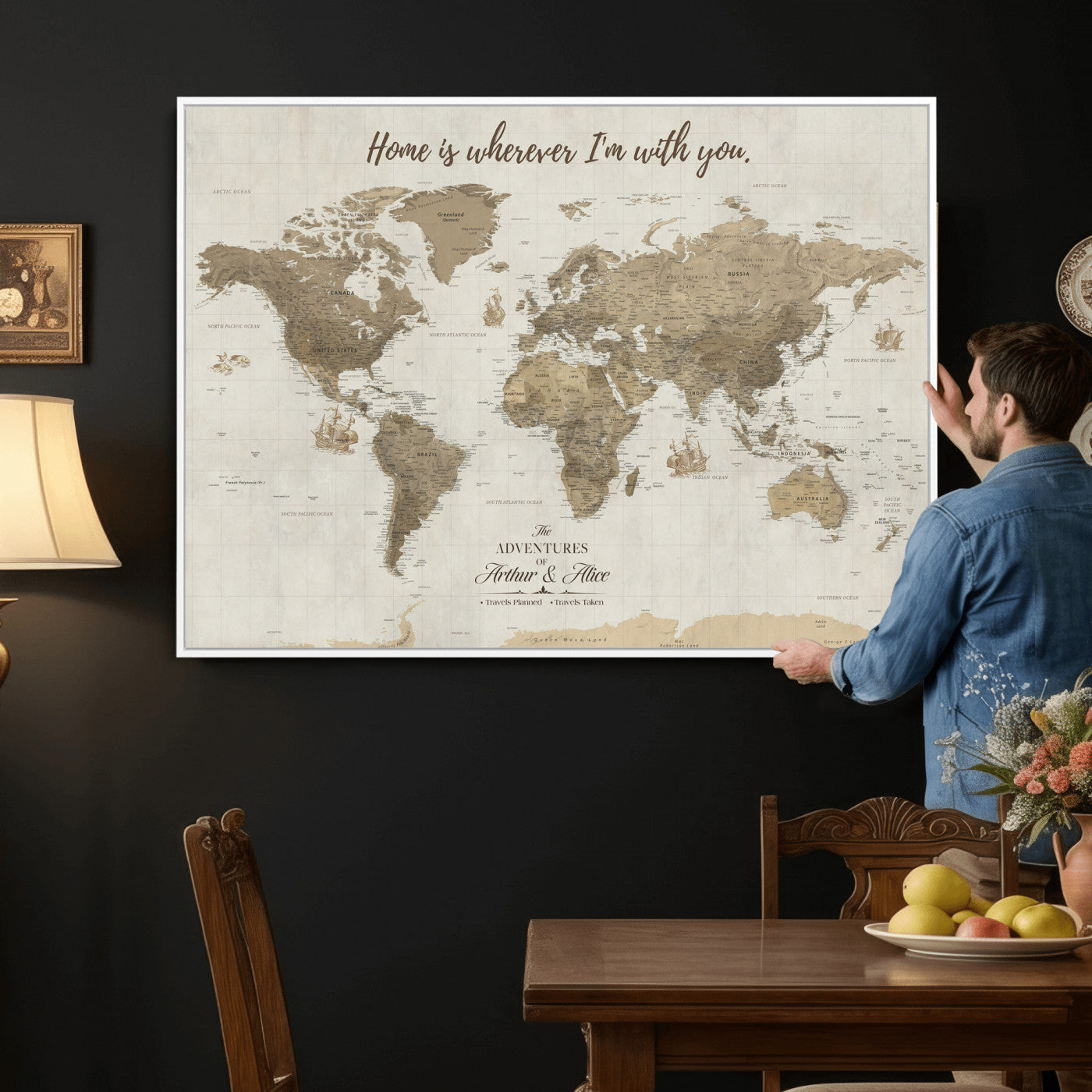 61351027-MGV-CV-36X24 - Custom Push Pin World Map Wall Art Canvas Print – Personalized Travel Tracker with Pins Framed Large for Home and Office Decor