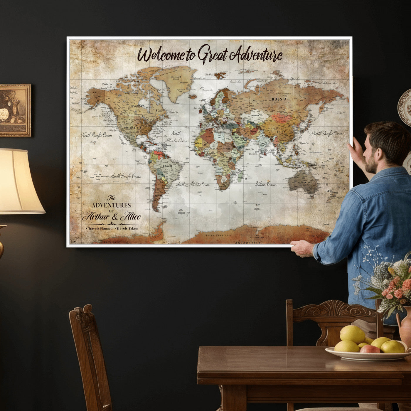 22906161-MGV-CV-36X24 - Custom Push Pin World Map Wall Art Canvas Print – Personalized Travel Tracker with Pins Framed Large for Home and Office Decor