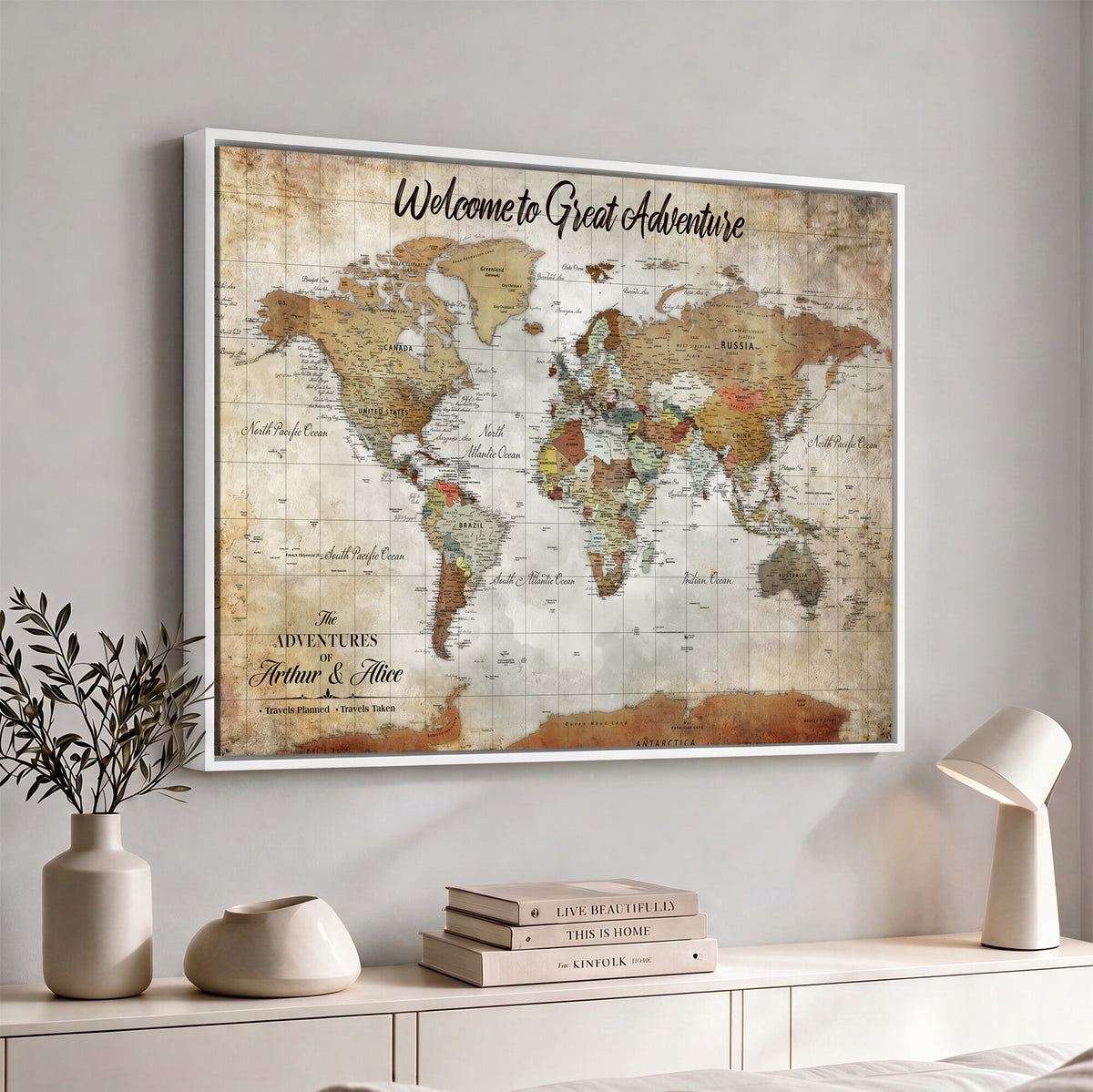 22906161-MGV-CV-36X24 - Personalized Beige Push Pin World Map Wall Art, Bucket List Map, Living Room and Family Room Decor