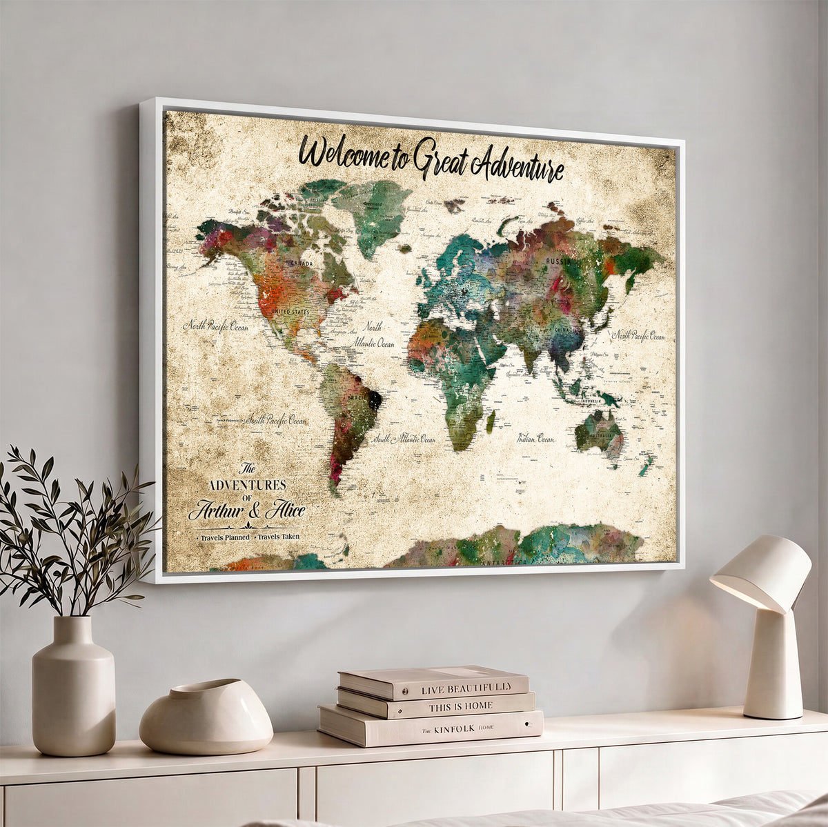 89225601-MGV-CV-36X24 - Personalized Beige Grunge World Map Canvas with Push Pins, Next Trip Planner Map, Family Room and Home Office Decor