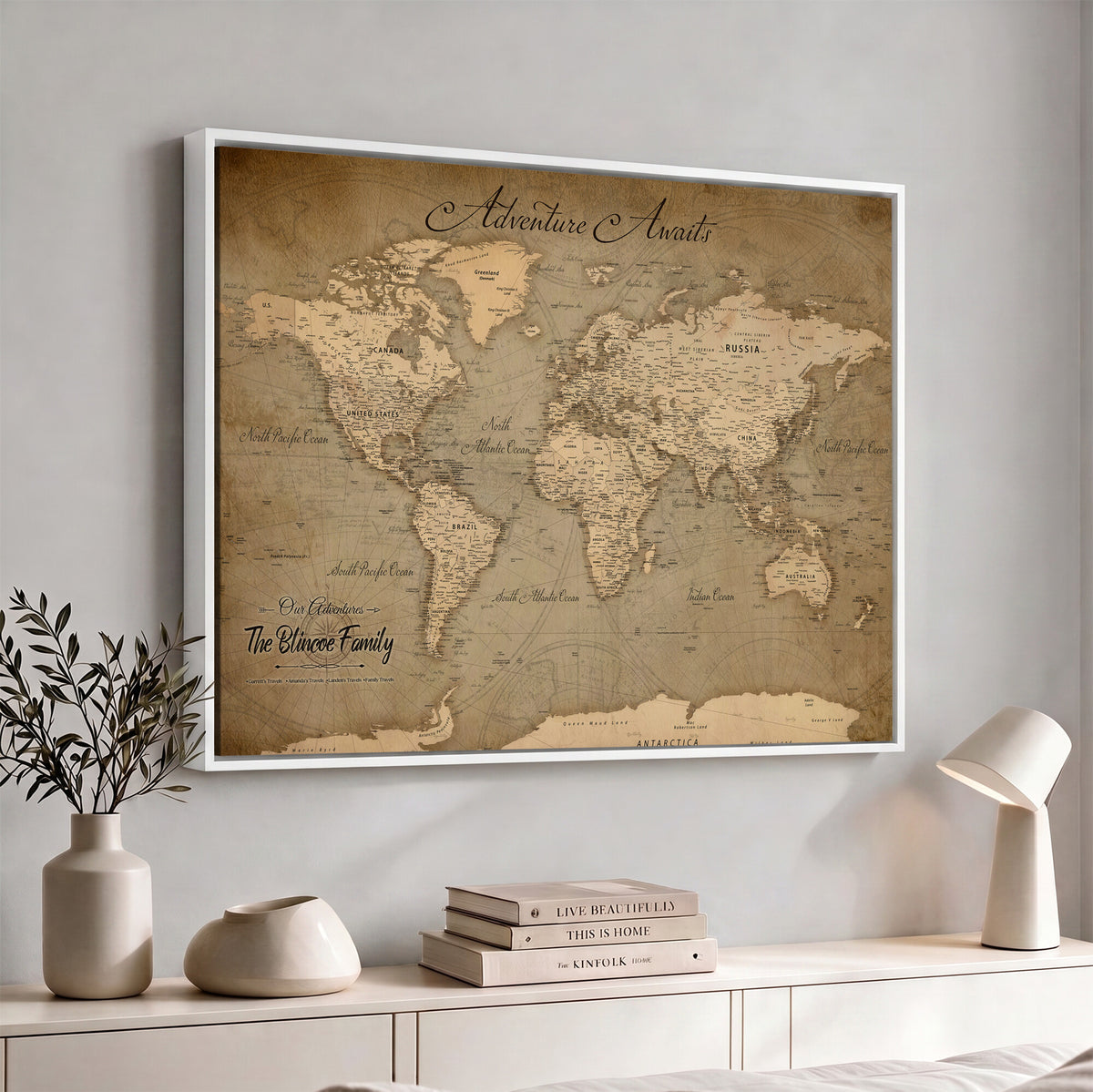 59418012-MGV-CV-36X24 - Personalized Framed Beige World Travel Map Wall Art with Pins, Family Travel Tracker, Family Room and Entryway Decor