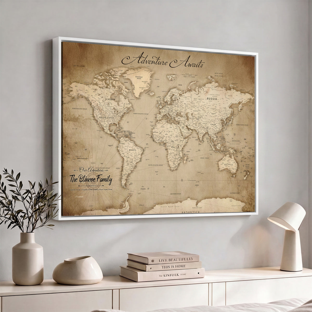 59757370-MGV-CV-36X24 - Personalized Black Modern Push Pin World Map Wall Art, Places Visited Tracker, Family Room and Bedroom Decor