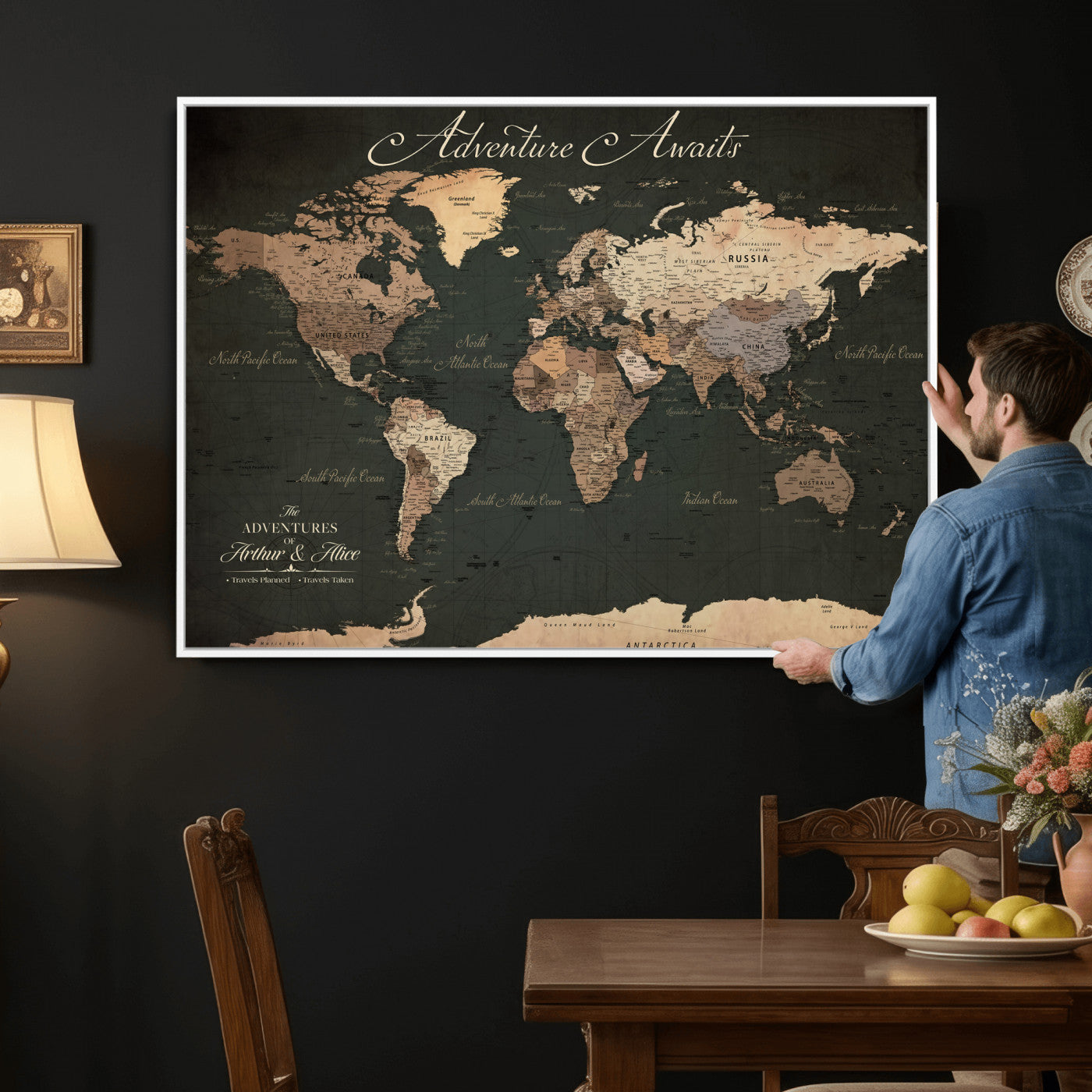 74987709-MGV-CV-36X24 - Custom Push Pin World Map Wall Art Canvas Print – Personalized Travel Tracker with Pins Framed Large for Home and Office Decor