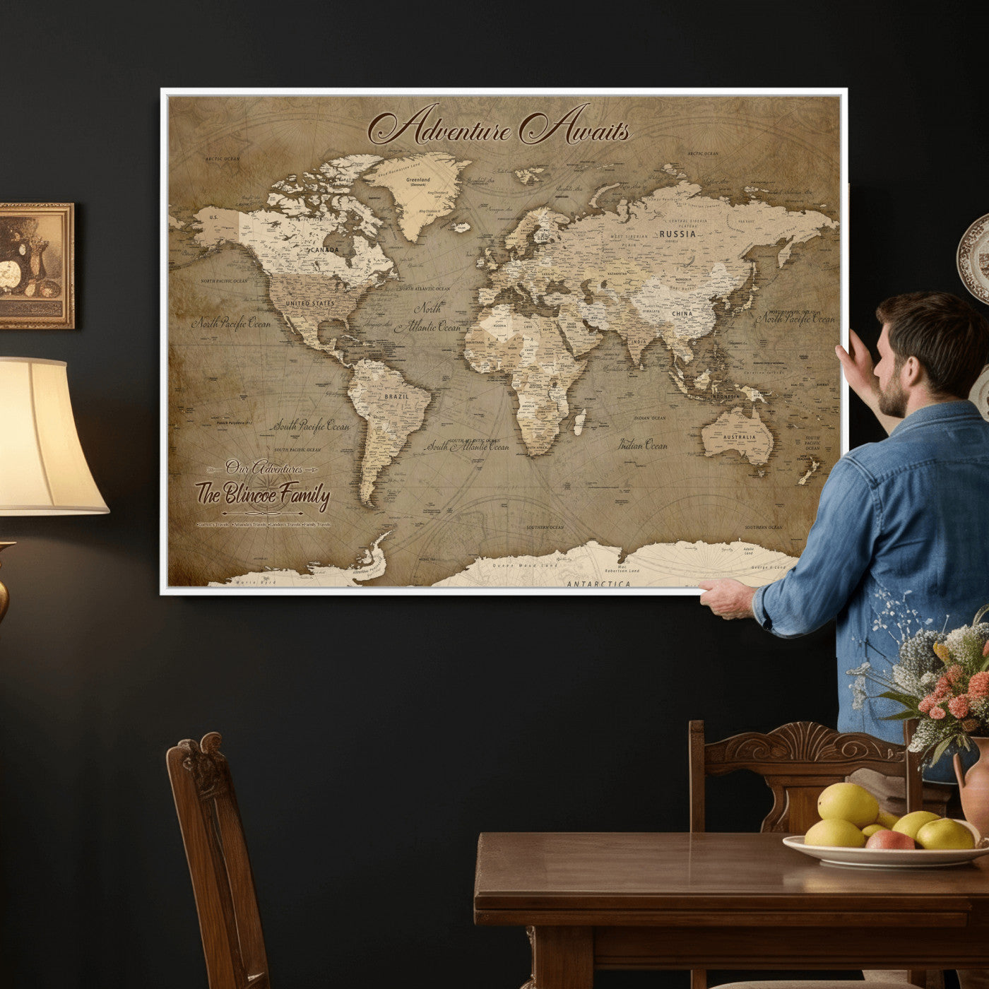 96775856-MGV-CV-36X24 - Custom Push Pin World Map Wall Art Canvas Print – Personalized Travel Tracker with Pins Framed Large for Home and Office Decor