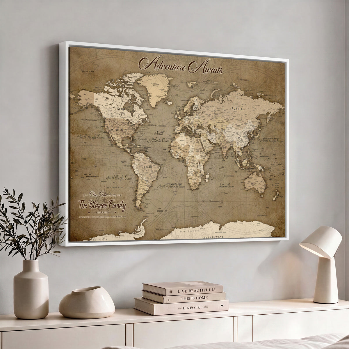 96775856-MGV-CV-36X24 - Custom Beige Modern Push Pin World Map Canvas Print, Family Travel Tracker, Dining Room and Home Office Decor