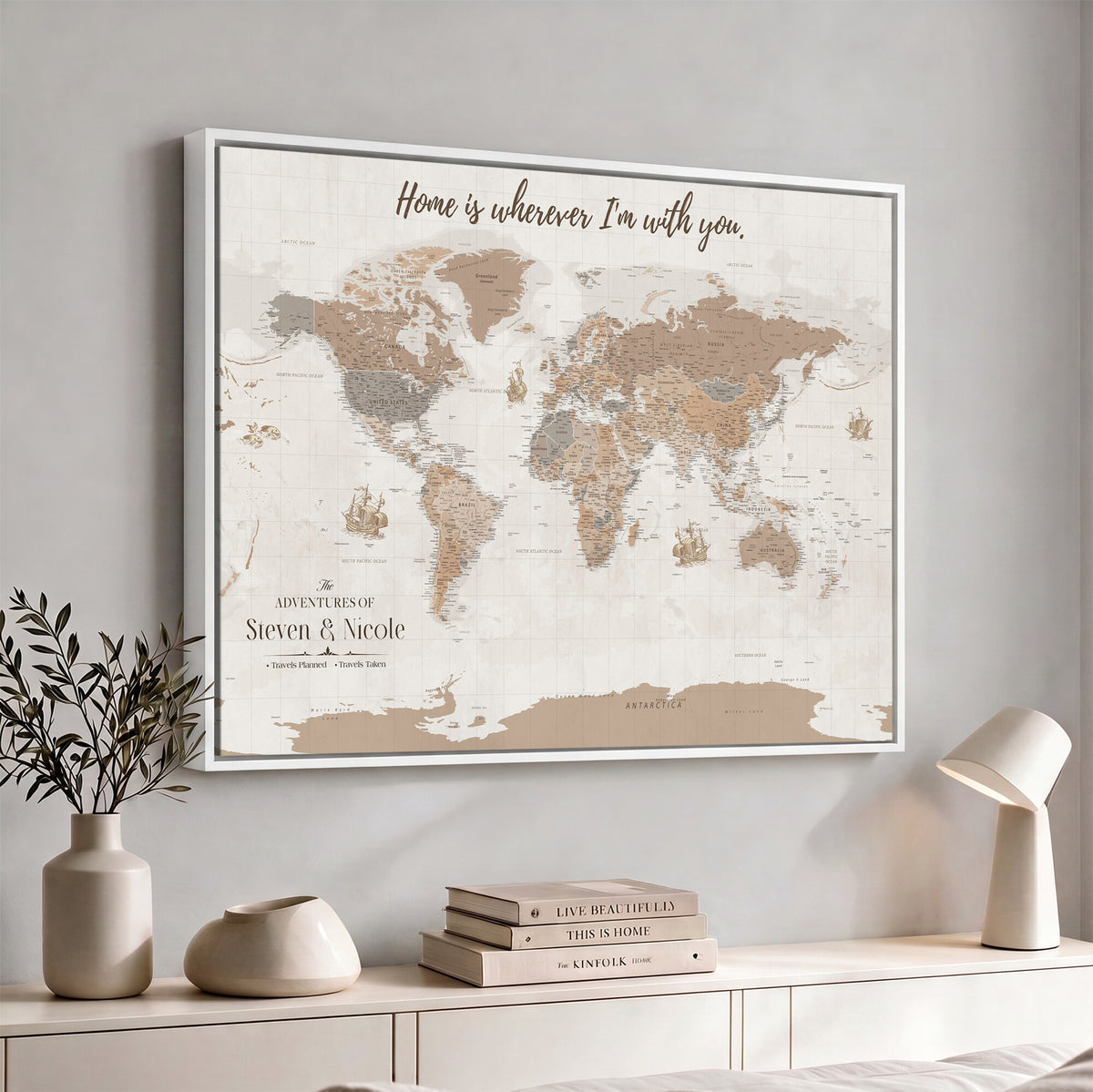 25831578-MGV-CV-36X24 - Custom Push Pin World Map Wall Art Canvas Print | Personalized Travel Tracker with Pins Framed Large for Home and Office Decor