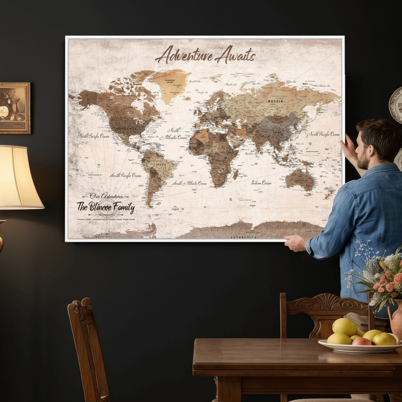 70887266-MGV-CV-36X24 - Custom Push Pin World Map Wall Art Canvas Print – Personalized Travel Tracker with Pins Framed Large for Home and Office Decor