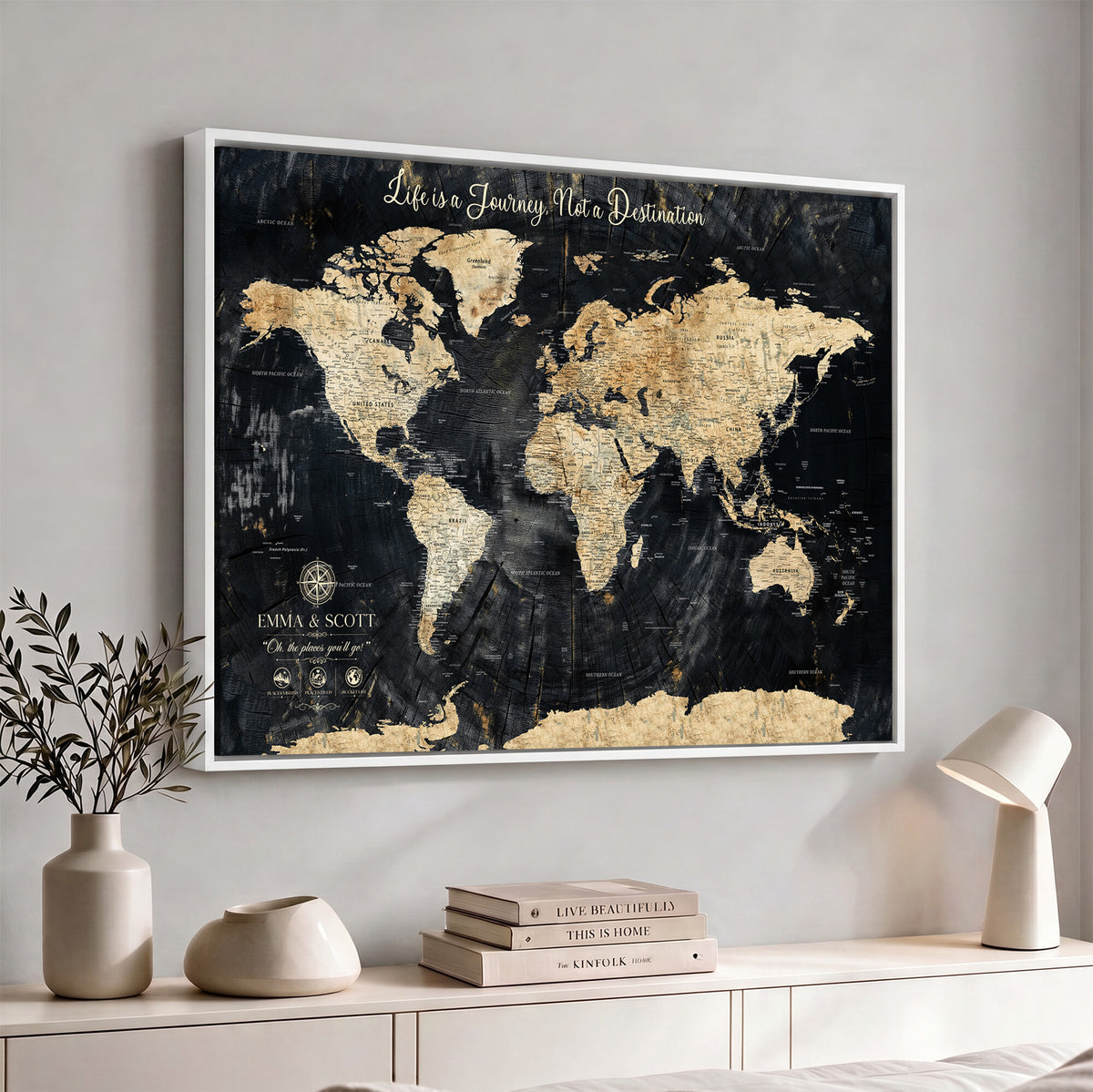 77472096-MGV-CV-36X24 - Custom Push Pin World Map Wall Art Canvas Print | Personalized Travel Tracker with Pins Framed Large for Home and Office Decor