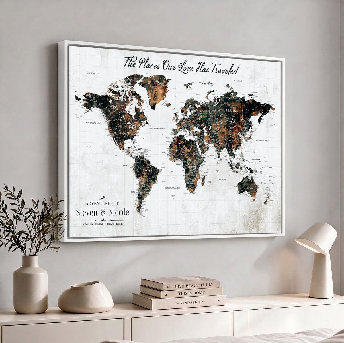 29090064-MGV-CV-36X24 - Custom Push Pin World Map Wall Art Canvas Print | Personalized Travel Tracker with Pins Framed Large for Home and Office Decor