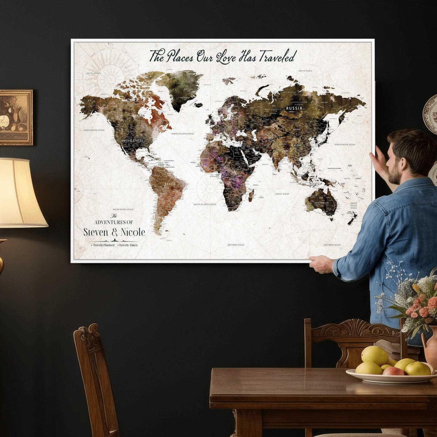 34345515-MGV-CV-36X24 - Custom Push Pin World Map Wall Art Canvas Print – Personalized Travel Tracker with Pins Framed Large for Home and Office Decor
