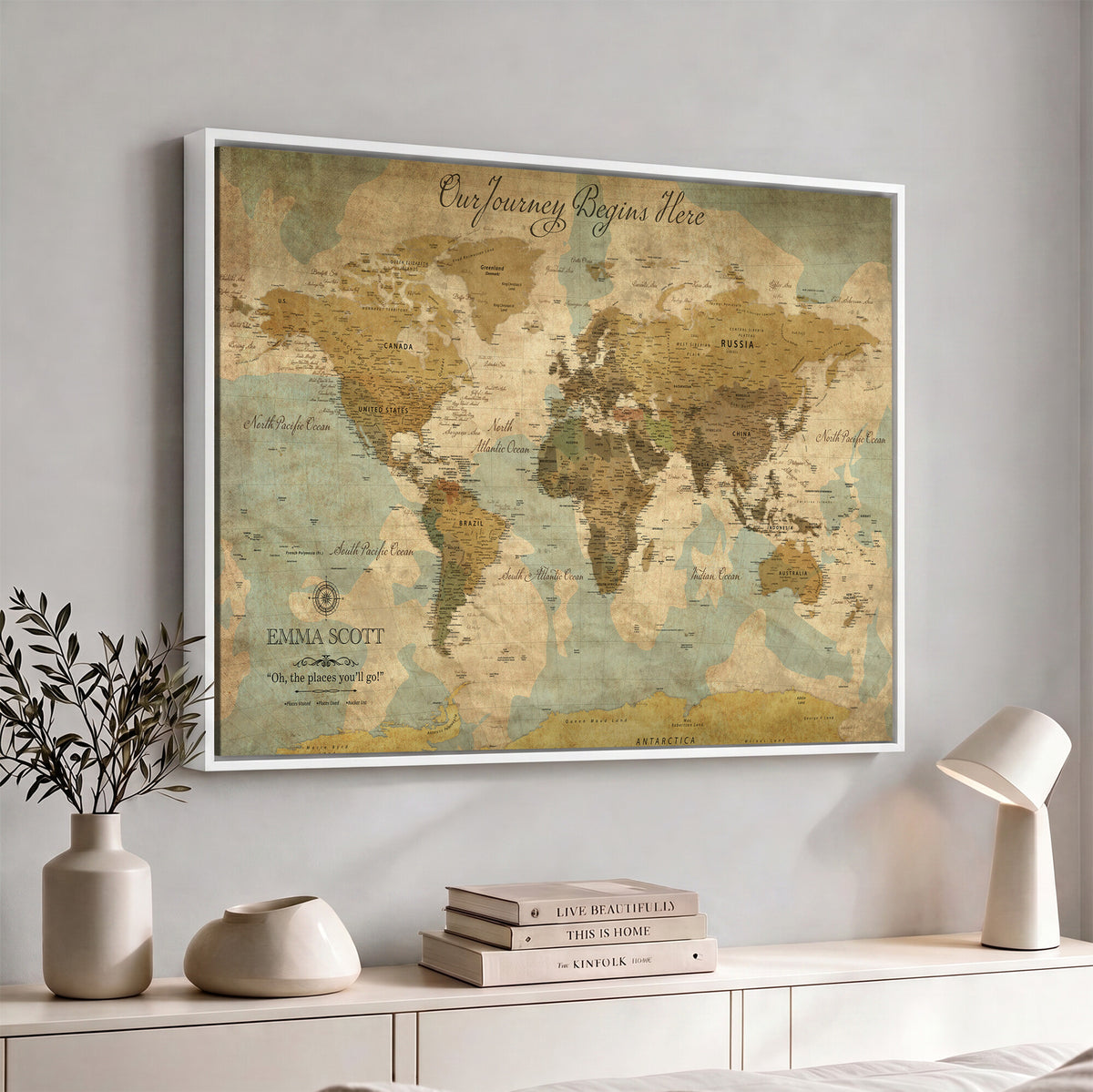 66550749-MGV-CV-36X24 - Custom Push Pin World Map Wall Art Canvas Print | Personalized Travel Tracker with Pins Framed Large for Home and Office Decor