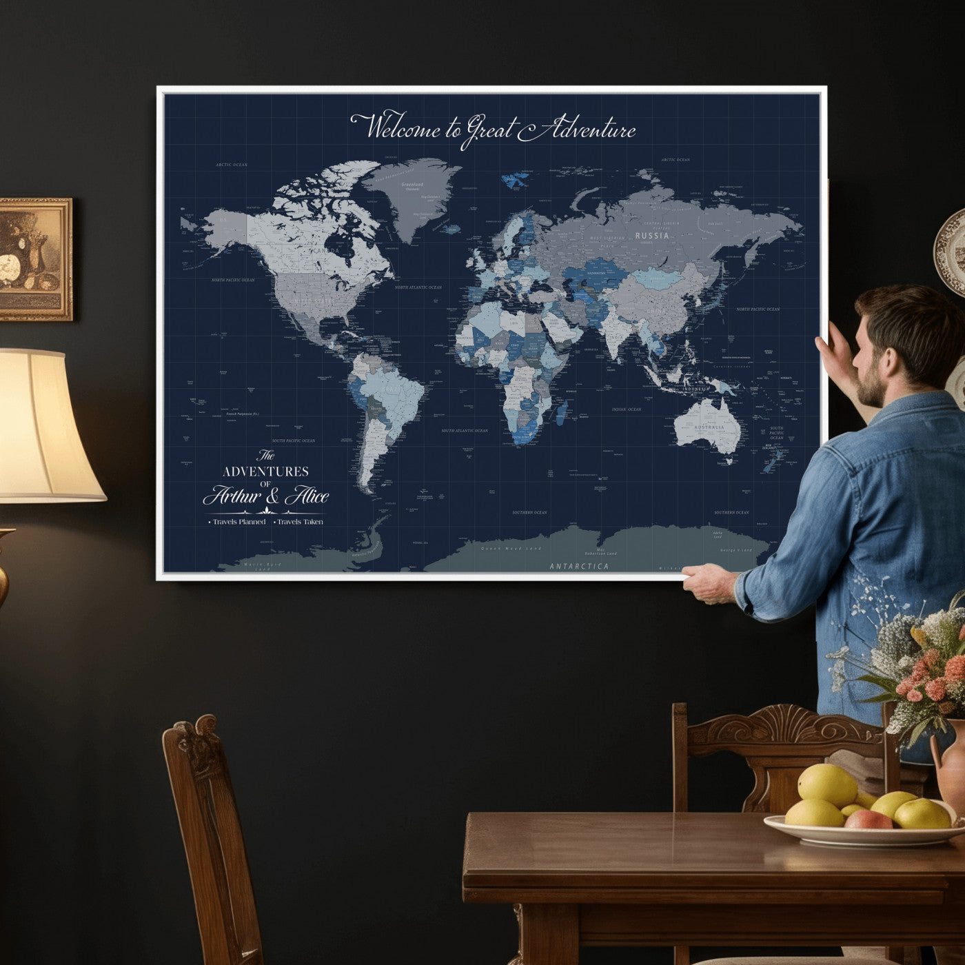 51673389-MGV-CV-36X24 - Custom Push Pin World Map Wall Art Canvas Print – Personalized Travel Tracker with Pins Framed Large for Home and Office Decor