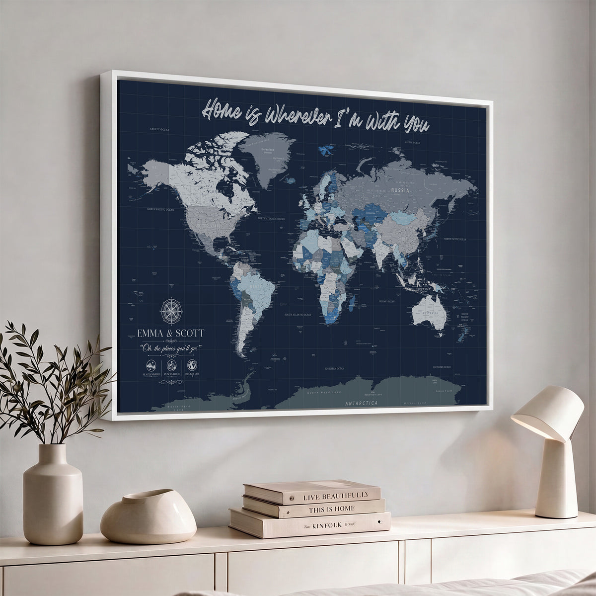 NEWMAP-18-MGV-CV-36X24 - Custom Push Pin World Map Wall Art Canvas Print | Personalized Travel Tracker with Pins Framed Large Print - NEWMAP-18