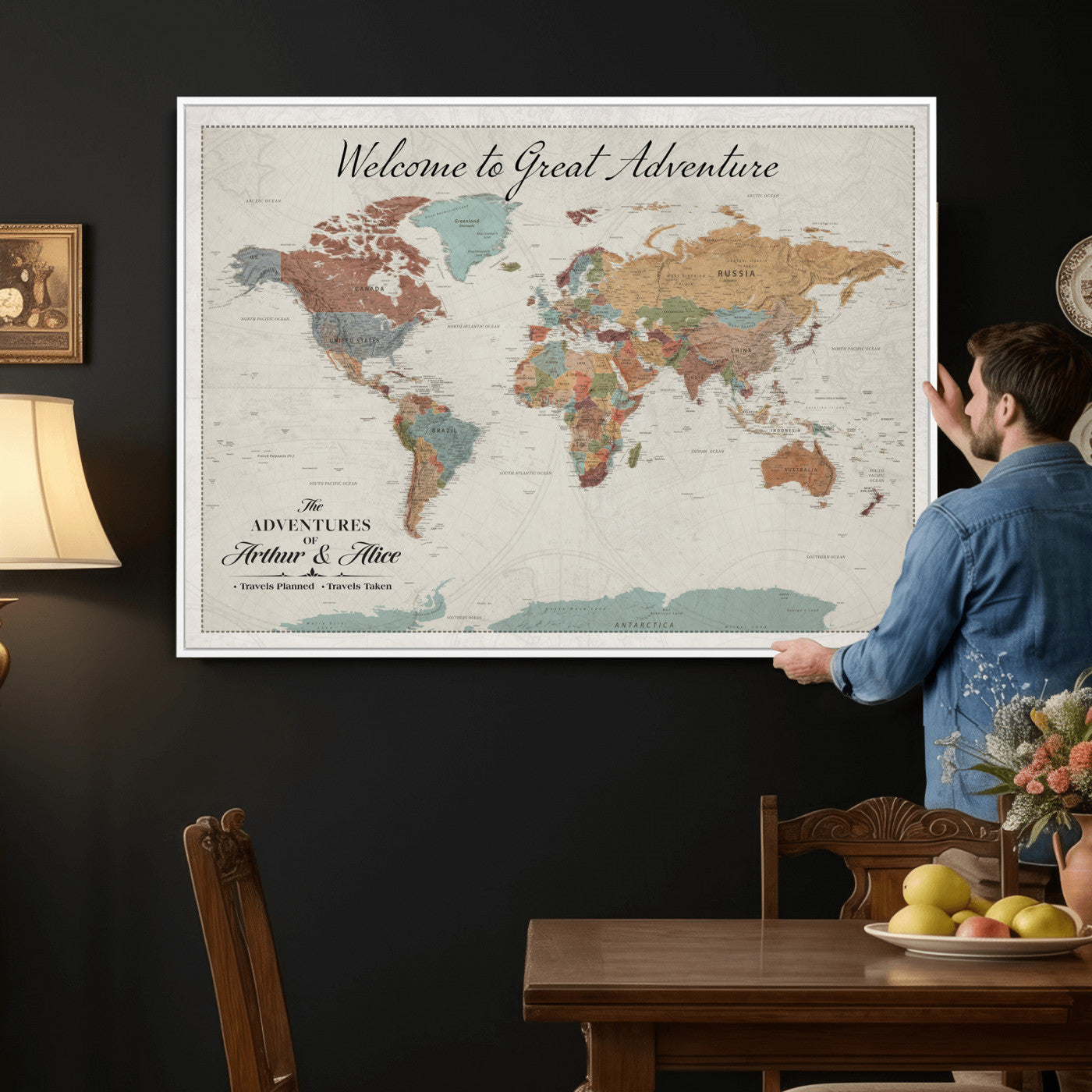 32470528-MGV-CV-36X24 - Custom Push Pin World Map Wall Art Canvas Print – Personalized Travel Tracker with Pins Framed Large for Home and Office Decor