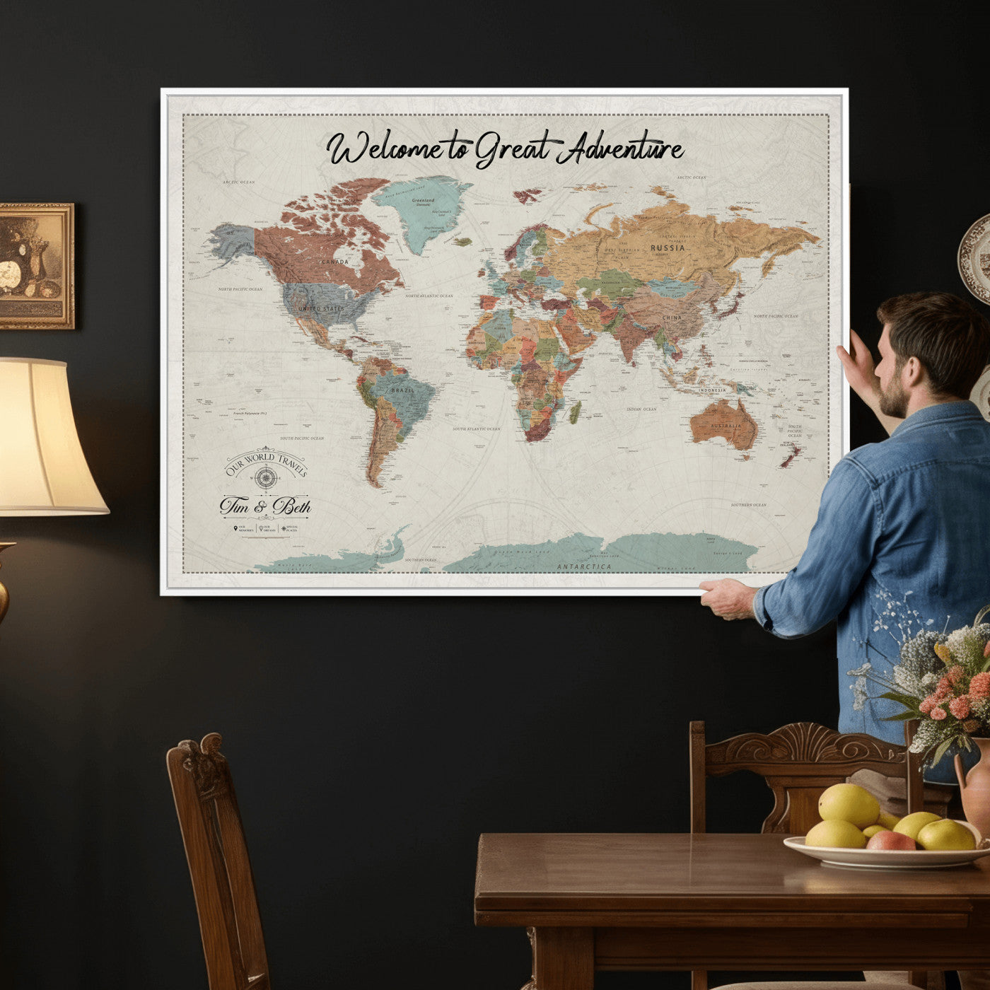 32470528-MGV-CV-36X24 - Custom Push Pin World Map Wall Art Canvas Print – Personalized Travel Tracker with Pins Framed Large for Home and Office Decor