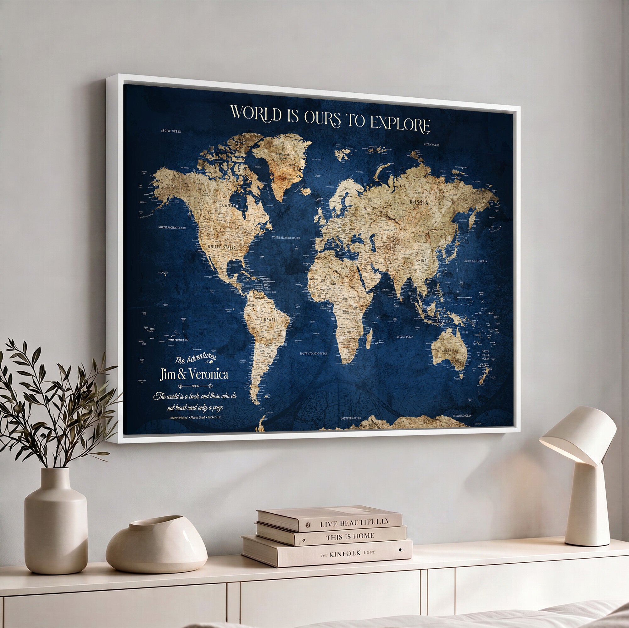 35296308-MGV-CV-36X24 - Custom Push Pin World Map Wall Art Canvas Print – Personalized Travel Tracker with Pins Framed Large for Home and Office Decor