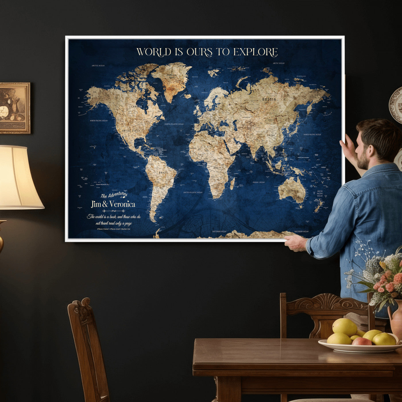 35296308-MGV-CV-36X24 - Custom Push Pin World Map Wall Art Canvas Print – Personalized Travel Tracker with Pins Framed Large for Home and Office Decor