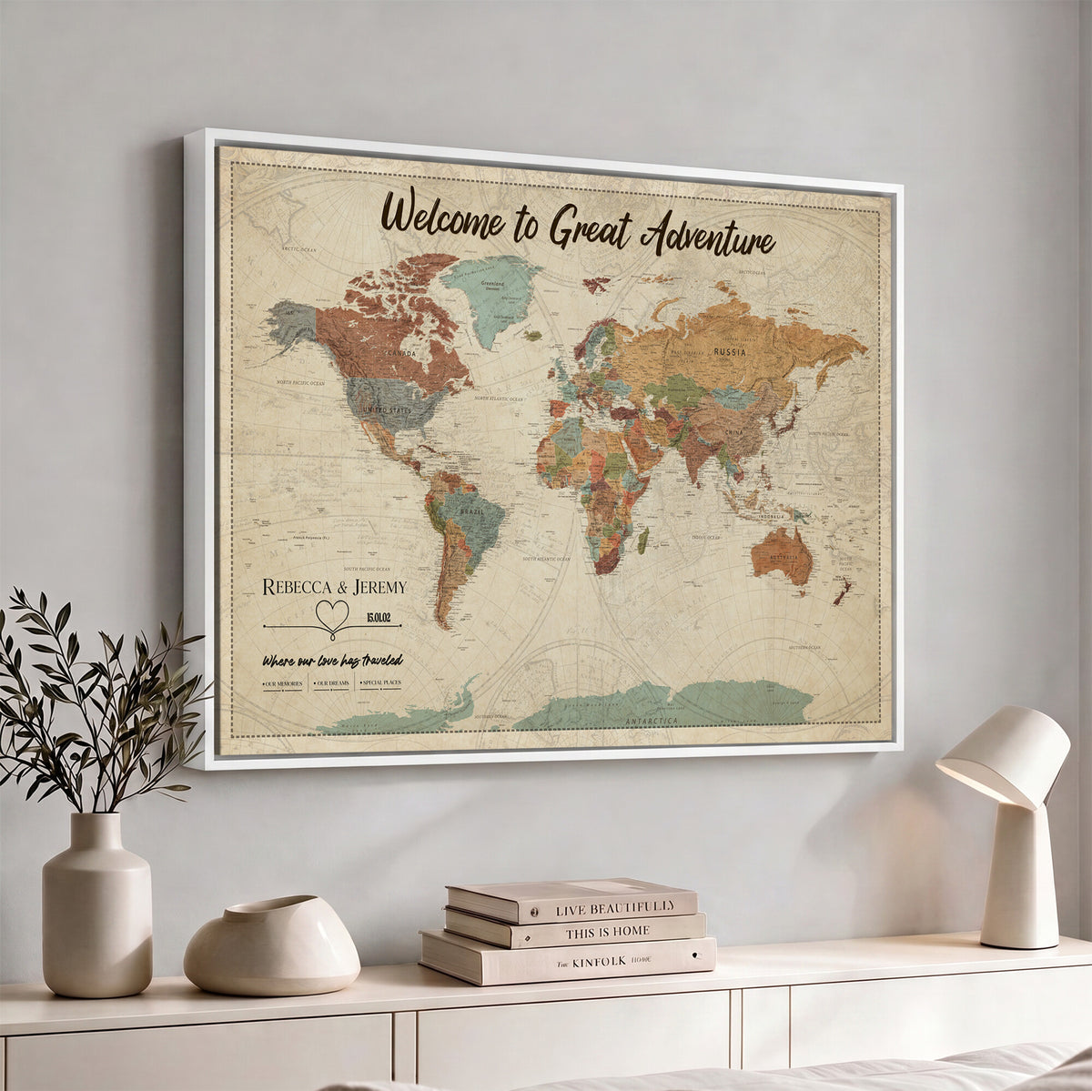44361524-MGV-CV-36X24 - Custom Push Pin World Map Wall Art Canvas Print | Personalized Travel Tracker with Pins Framed Large for Home and Office Decor
