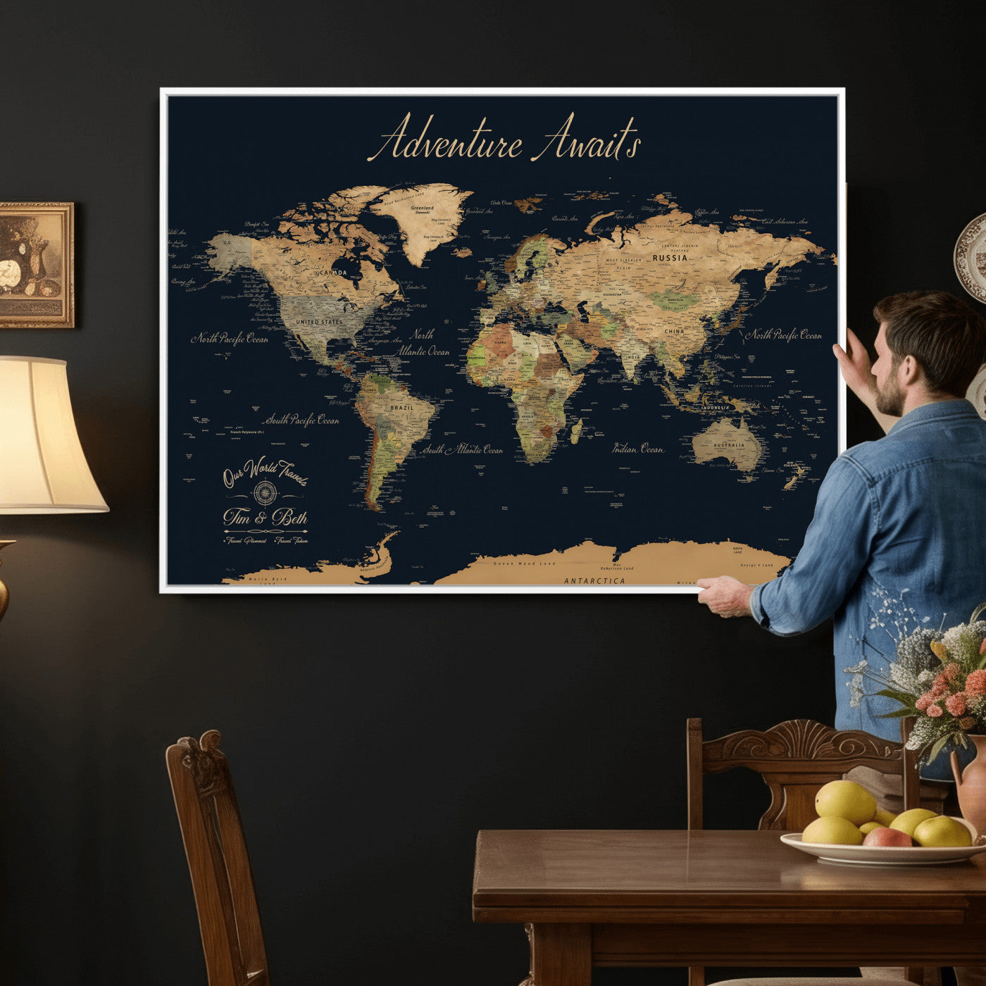45739634-MGV-CV-36X24 - Custom Push Pin World Map Wall Art Canvas Print – Personalized Travel Tracker with Pins Framed Large for Home and Office Decor