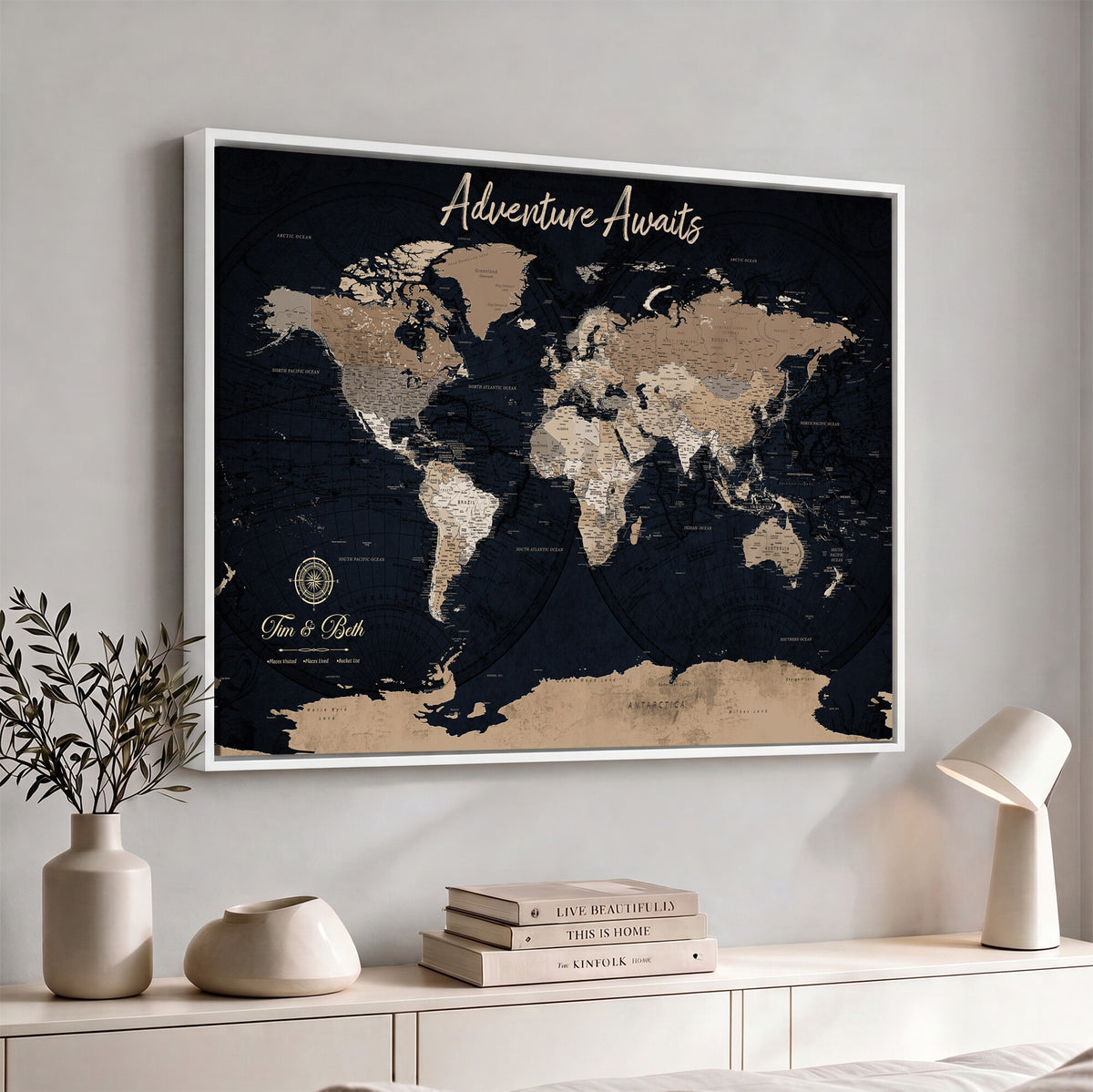 66938317-MGV-CV-36X24 - Custom Push Pin World Map Wall Art Canvas Print | Personalized Travel Tracker with Pins Framed Large for Home and Office Decor
